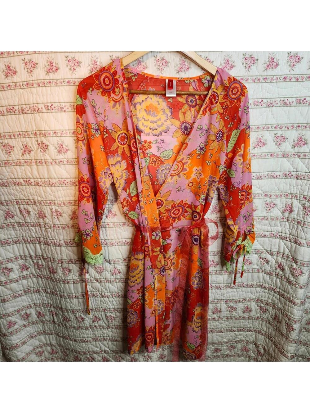 Josie Floral Print Orange Pink Sheer Cover Up Robe Small Tie Sleeve Boho